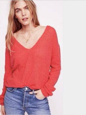 Free People Gossamer V-Neck Sweater Coral Womens Size Small Alpaca Wool